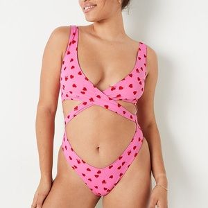 Victoria’s Secret pink & red hearts body wrap one piece swimsuit